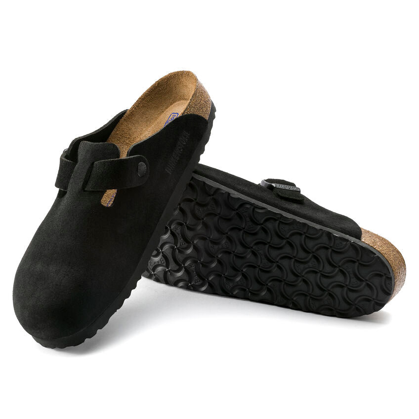 BIRKENSTOCK BOSTON SUEDE SOFT FOOTBED CLOG - BLACK