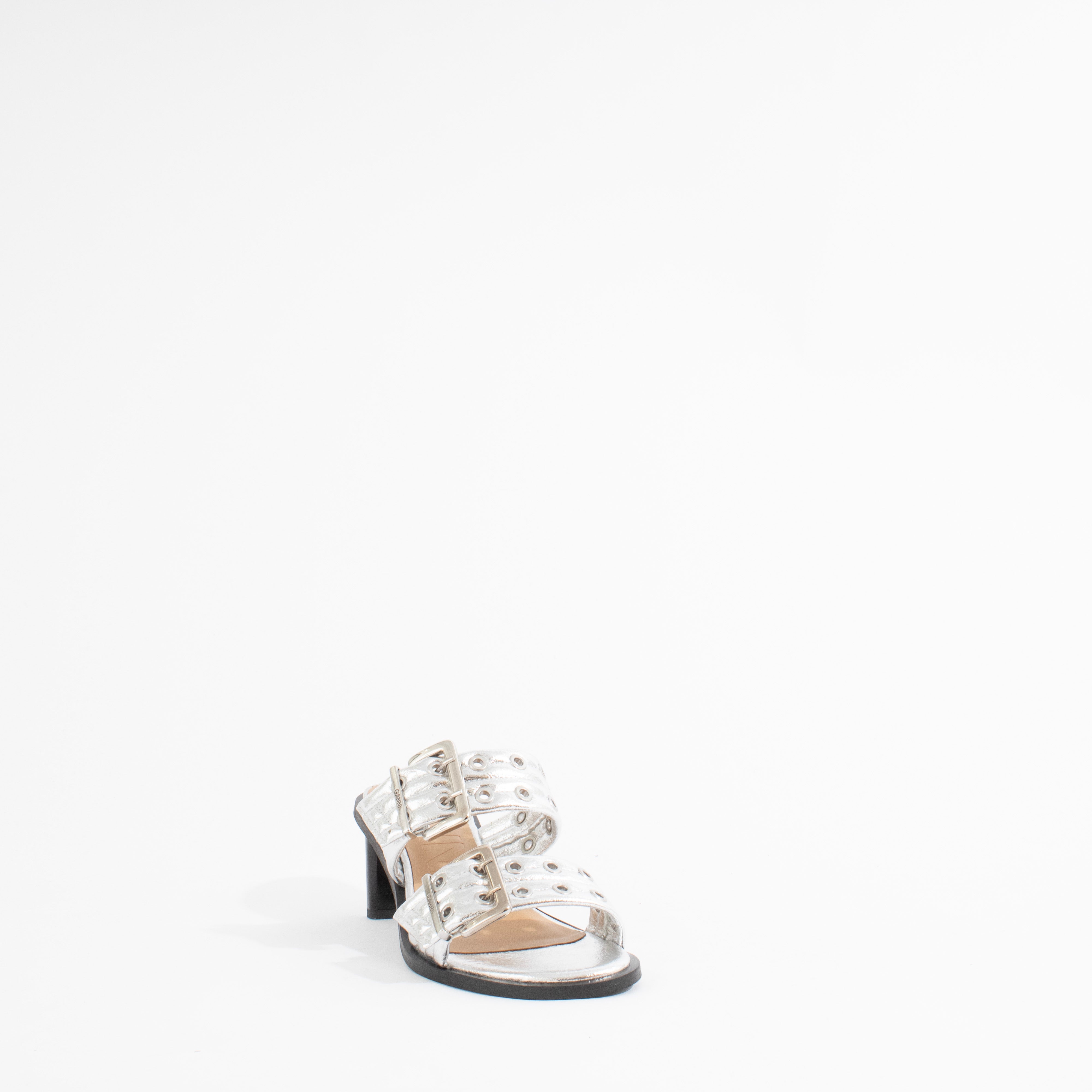 FEMININE BUCKLE HEEL MULE SANDAL | SILVER