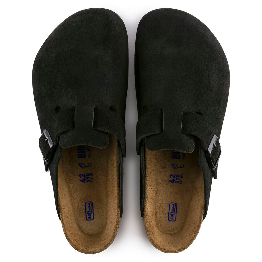 BIRKENSTOCK BOSTON SUEDE SOFT FOOTBED CLOG - BLACK