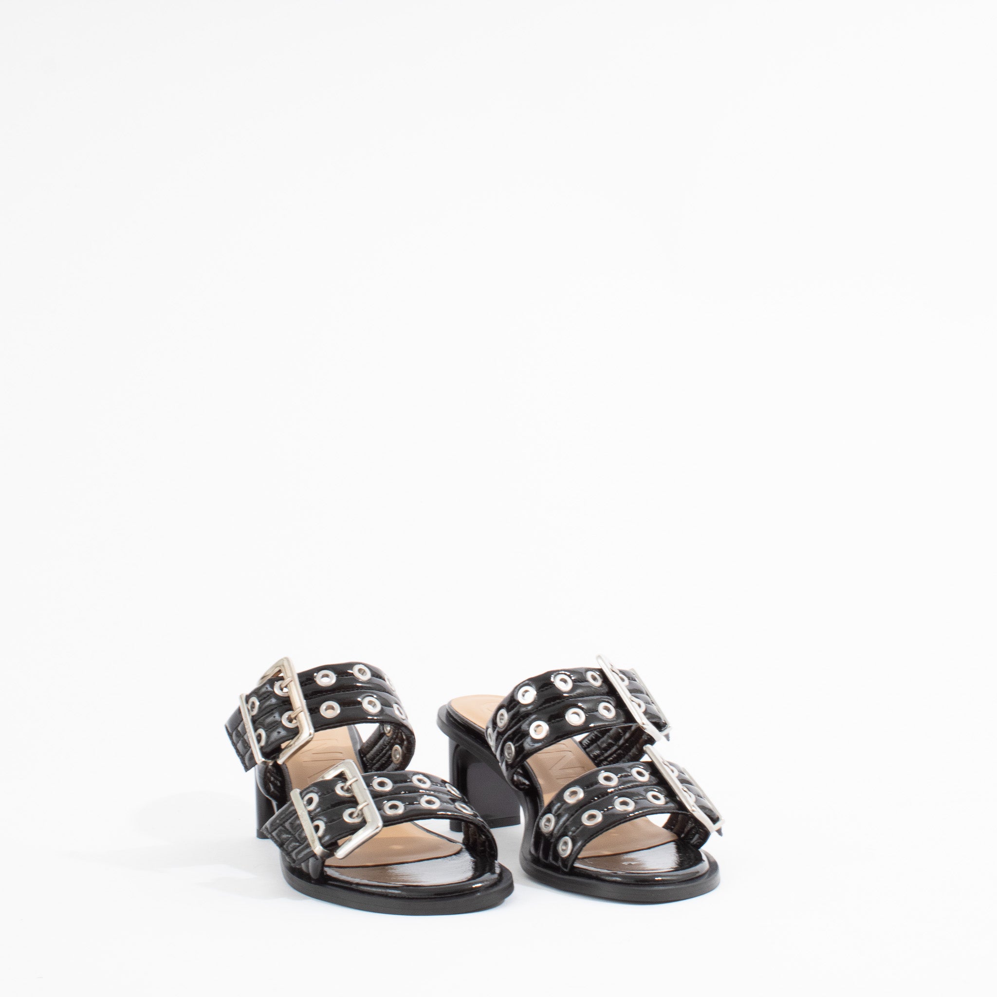 FEMININE BUCKLE HEEL MULE SANDAL | BLACK